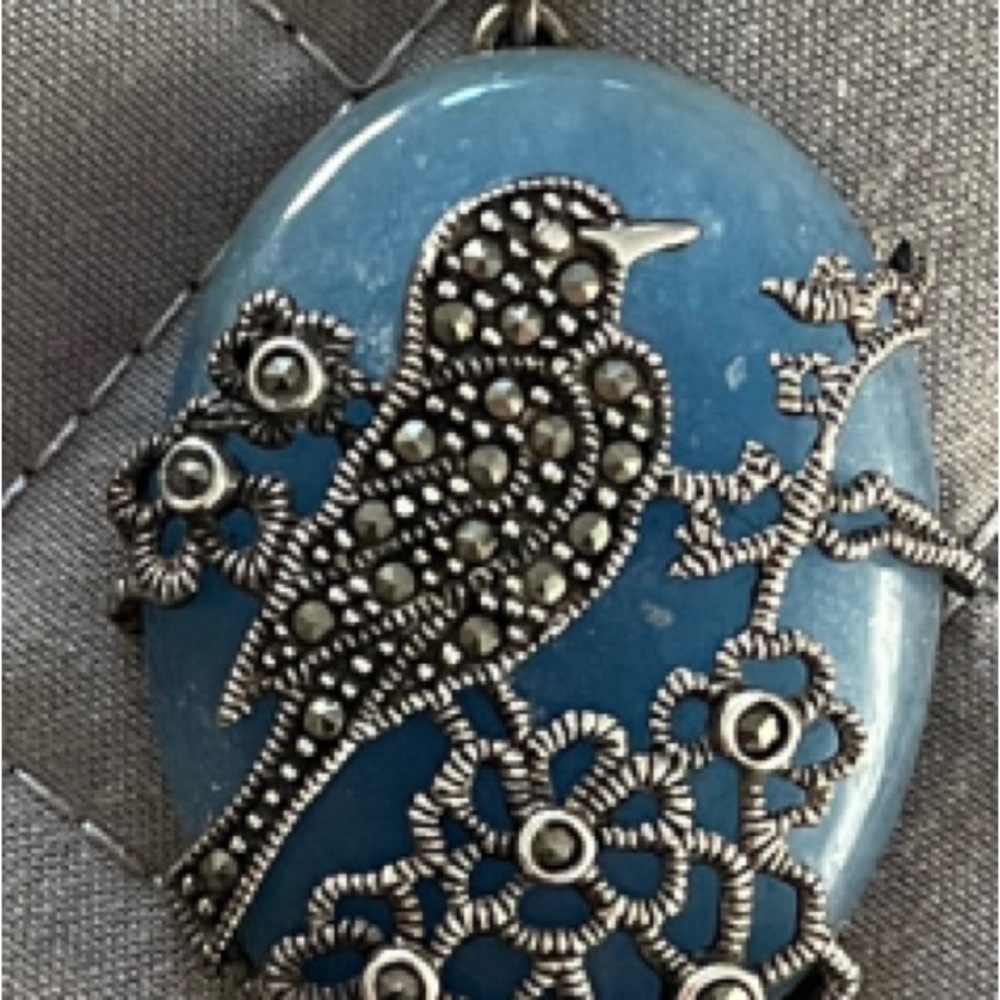 Blue Agate /Marcasite Pendant Necklace with Bird Design